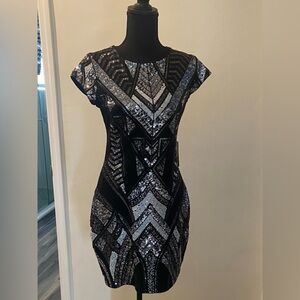 Express Black and Silver Geometric Sequin Mini Dress